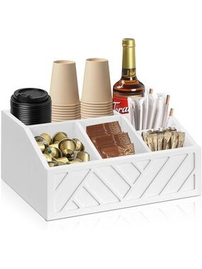 Wood Coffee Station Organize Pod Holder Syrup Condiment Bar White NEW